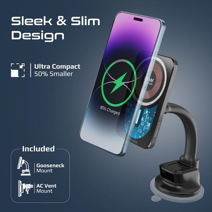 Promate 15W MagSafe Transparent In-Car Wireless Qi Phone Charger, Ultra Slim Design with AC Vent Mount & Gooseneck, Strong Magnetic Hold, 360 Degree Rotation, Black CDLUCIDMOUNT-15
