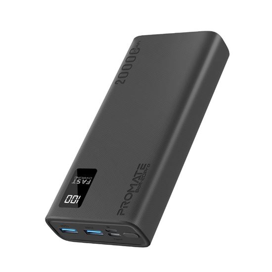 PROMATE 20000mAh Power Bank with Smart LED Display & Super Slim Design. Includes 2x USB-A & 1x USB-C Ports. 2A (Shared) Charging. Auto Voltage Regulation. Charge 3x Devices. Black Colour. CDBOLT-20PROBK