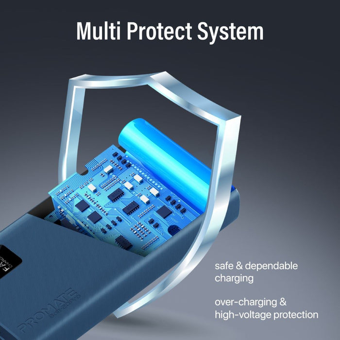 PROMATE 20000mAh Power Bank with Smart LED Display & Super Slim Design. Includes 2x USB-A & 1x USB-C Ports. 2A (Shared) Charging. Auto Voltage Regulation. Charge 3x Devices. Blue Colour. CDBOLT-20PROBL