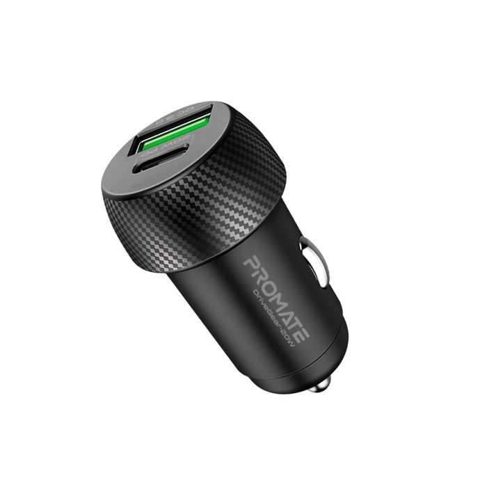 PROMATE 20W Dual Port Car Charger with QC3.0 and USB-C Port. Charge two Devices Simultaneously. Built in Surge Protection and Temperature Control. Charge Devices up to 80% in 35 Minutes CDDRIVEGEAR-20W