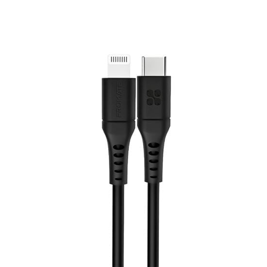 Promate 2m 20W PD USB-C to Lightning Charge & Sync Cable, For Apple iPhone, iPad, & iPad Mini, Anti Snap Tangle Free, Black CDPOWERLINK-200.BK