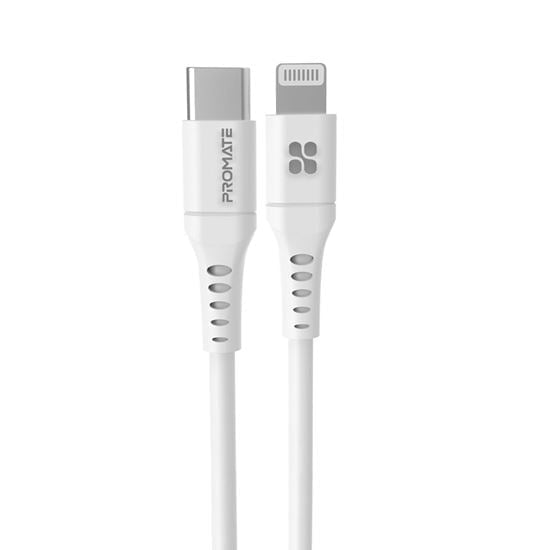 Promate 2m 20W PD USB-C to Lightning Charge & Sync Cable, For Apple iPhone, iPad, & iPad Mini, Anti Snap Tangle Free, White CDPOWERLINK-200.WH