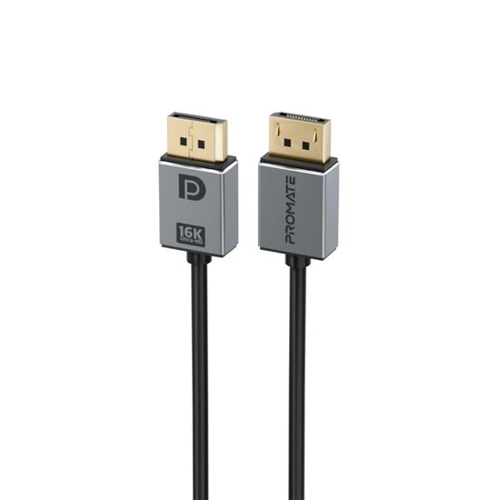 PROMATE 2m DisplayPort Cable. Supports HD up to 16K@60Hz. Supports 80Gbps Data Transfer Speeds. Built-in Secure Clip Lock. Supports Dynamic HDR & 3D Video. Black Cable with Grey Connectors. CDDPLINK-16K