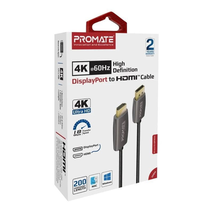 PROMATE 2m DisplayPort to HDMI Cable. Supports Max Res up to 4K@60Hz. Transfer Rate 18Gbps. Superior Stability with no Signal Loss. Reinforced Corrosion Resistant Connections CDPROLINK-DP200