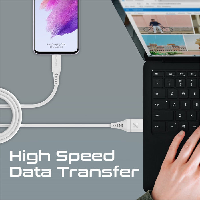 Promate 2m USB-A to USB-C Data & Charge Cable, 480Mbps Data Transfer Rate, Durable, Tangle Resistant 25000+ Bend Tested, White CDPOWERLINK-AC200W