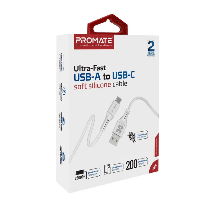 Promate 2m USB-A to USB-C Data & Charge Cable, 480Mbps Data Transfer Rate, Durable, Tangle Resistant 25000+ Bend Tested, White CDPOWERLINK-AC200W