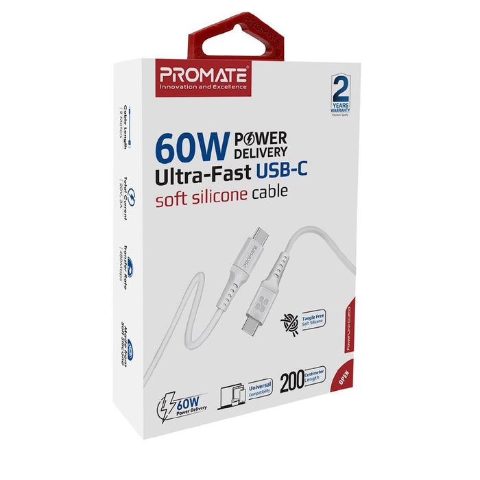 Promate 2m USB-C Data and Charging Cable, 480Mbps Data Transfer Rate, Durable, Tangle Resistant 25000+ Bend Tested, White CDPOWERLINK-CC200W