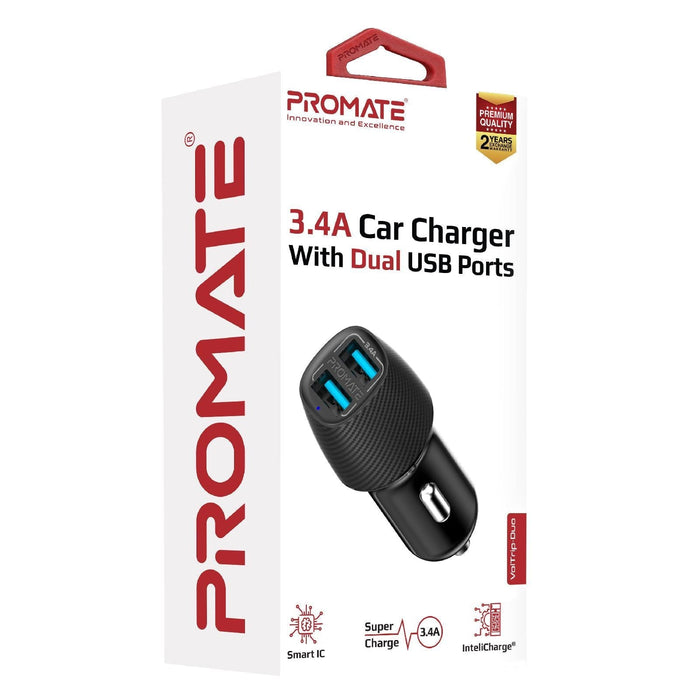 Promate 3.4A Dual Port USB Car Charger - Black CDVOLTRIP-DUO.BLK