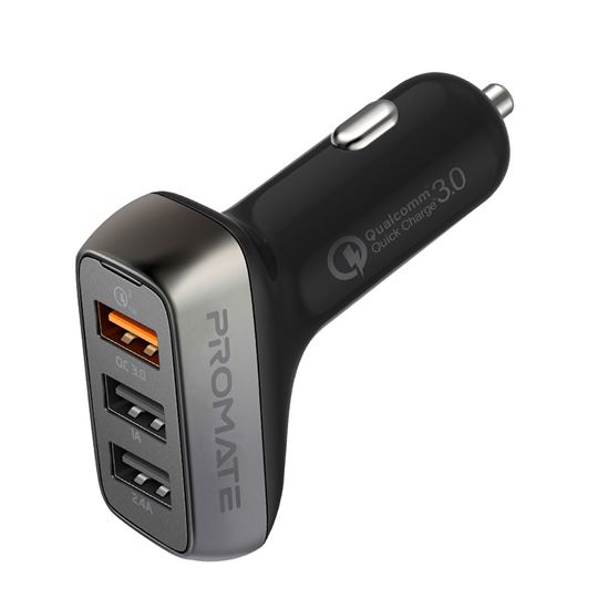 Promate 35W Car Charger with 3 USB  Ports, Charge 3 Devices Simultaneously, 1x Qualcomm QC 3.0 Port, 2x USB-A Ports, Safe Voltage Regulation. Protection Against Overheating, Black CDSCUD-35.BLK