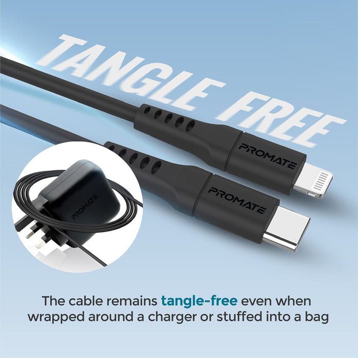 Promate 3m 20W PD USB-C to Lightning Charge & Sync Cable, For Apple iPhone, iPad, & iPad Mini, Soft Touch Silicone. Anti Snap Tangle Free Design, Black CDPOWERLINK-300.BK