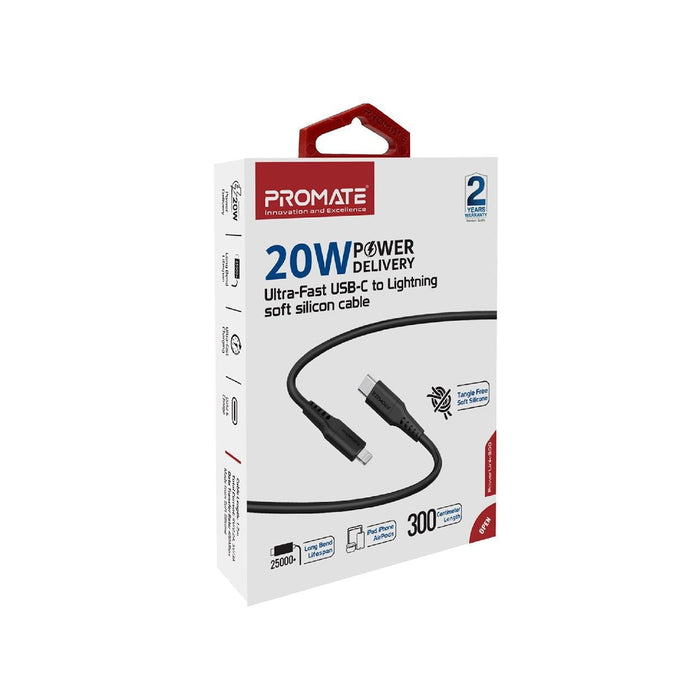 Promate 3m 20W PD USB-C to Lightning Charge & Sync Cable, For Apple iPhone, iPad, & iPad Mini, Soft Touch Silicone. Anti Snap Tangle Free Design, Black CDPOWERLINK-300.BK