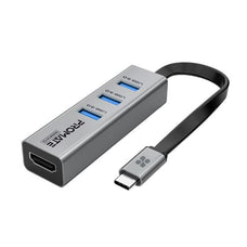 Promate 4-in-1 USB Multi-Port Hub, USB-C Connector, 3x USB-A 3.0 Ports, 1x HDMI Port, Supports 4K, Easy Plug & Play, Grey CDMEDIAHUB-C3.GRY