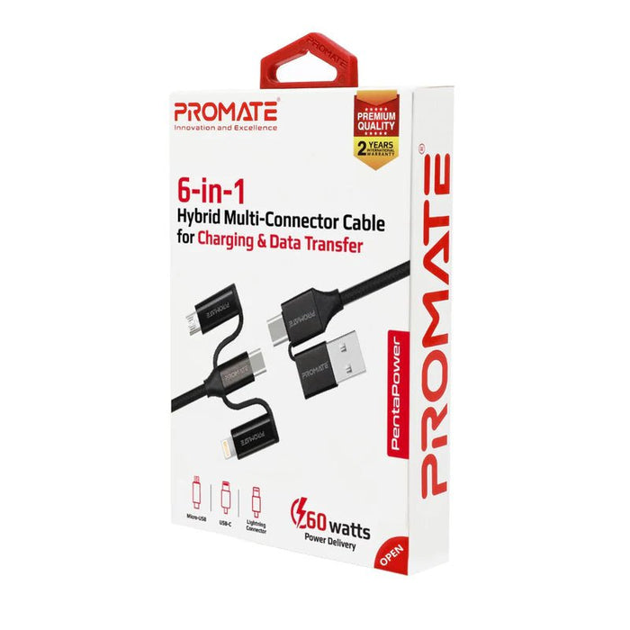 Promate 6-in-1 Hybrid Multi-Connector Cable 1.2m, Charging & Data Transfer, Power Delivery, Micro-USB, USB-C, Lightning Connector, Black CDPENTAPOWER.BLK