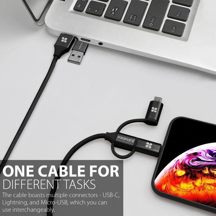 Promate 6-in-1 Hybrid Multi-Connector Cable 1.2m, Charging & Data Transfer, Power Delivery, Micro-USB, USB-C, Lightning Connector, Black CDPENTAPOWER.BLK