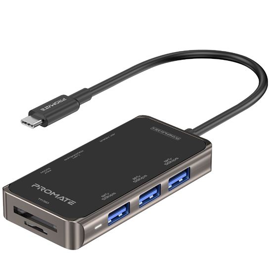 Promate 8-in-1 USB Multi-Port Hub with USB-C Connector, 100W, 4K HDMI Port, RJ45 Port, USB-A 3.0 Ports, Grey CDPRIMEHUB-MINI.GR