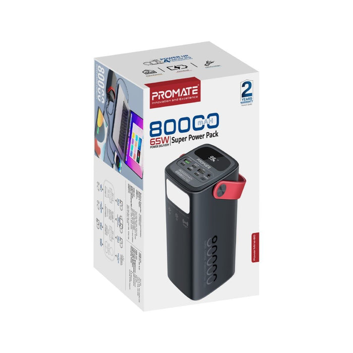 Promate 80000mAh High Capacity Power Bank with 65W Power Delivery, Multiple Input/Output Ports, 3 Mode LED Torch Light, SOS Signal Function, Silicone Carry Handle CDPOWERMINE-80