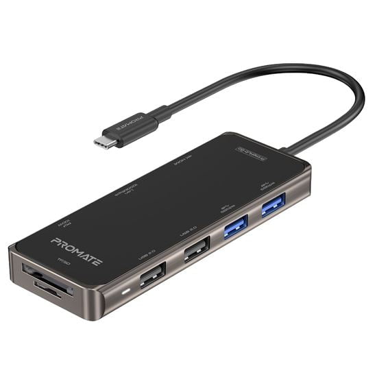 Promate 9-in-1 USB Multi-Port Hub, USB-C Connector, 100W, 4K HDMI Port, RJ45 Port, USB-A 3.0/2.0 Ports, SD/TF Card Slots CDPRIMEHUB-GO.GRY