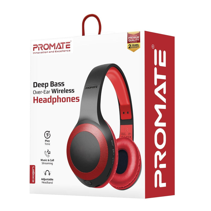 Promate Deep Base Wireless Over-Ear Headphones, Bluetooth V5.0, Up to 5 Hours Playback, Red CDLABOCA.RED