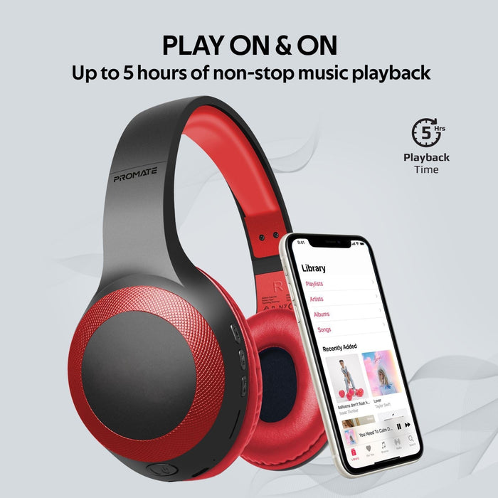 Promate Deep Base Wireless Over-Ear Headphones, Bluetooth V5.0, Up to 5 Hours Playback, Red CDLABOCA.RED