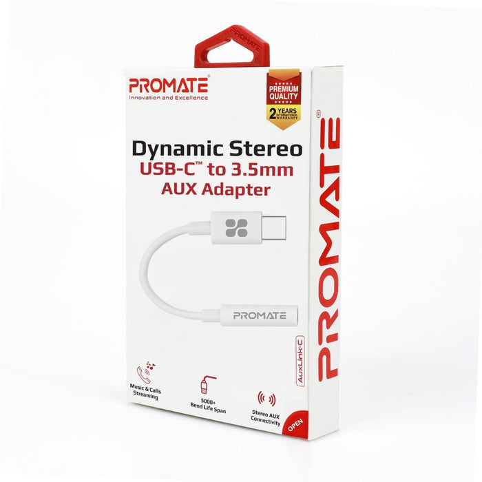 Promate Dynamic Stereo USB-C to 3.5mm AUX Headphone Jack Adapter, Digital to Analog Converter, Supports Music & Calls, White Colour CDAUXLINK-C.WHT