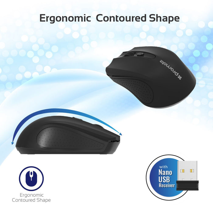 Promate Ergonomic Wireless Mouse 2.4GHz, Up to 10m, Low Power Consumption, Black CDCLIX-8.BLK