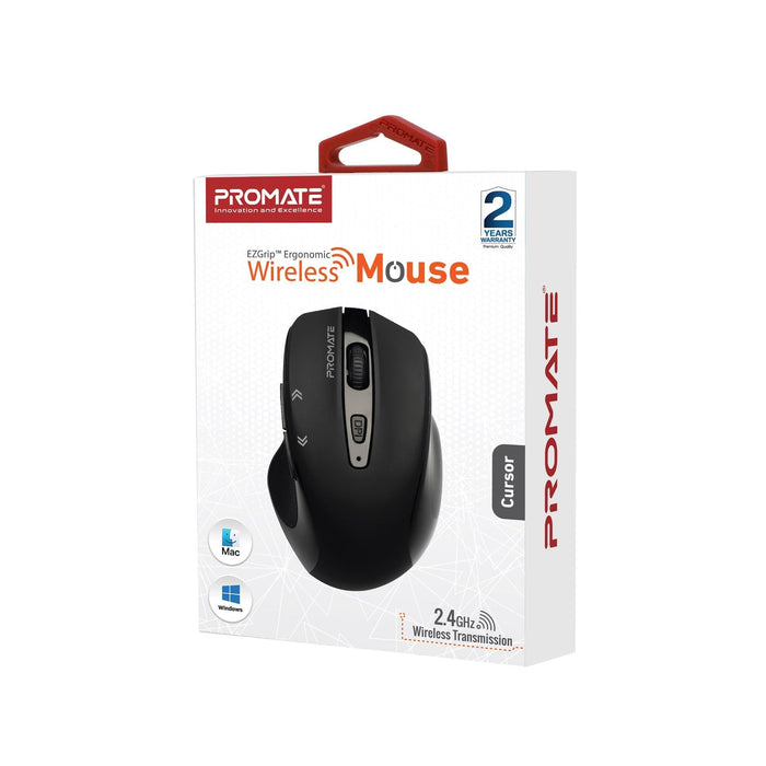 Promate EZGrip Ergonomic Wireless Mouse, Quick Forward/Back Buttons, Black CDCURSOR.BLK