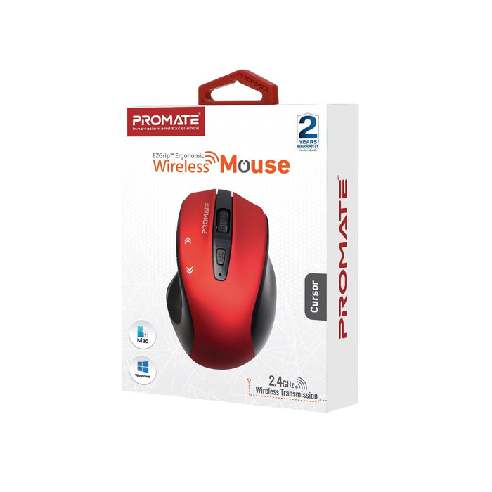 Promate EZGrip Ergonomic Wireless Mouse, Quick Forward/Back Buttons, Red CDCURSOR.RED