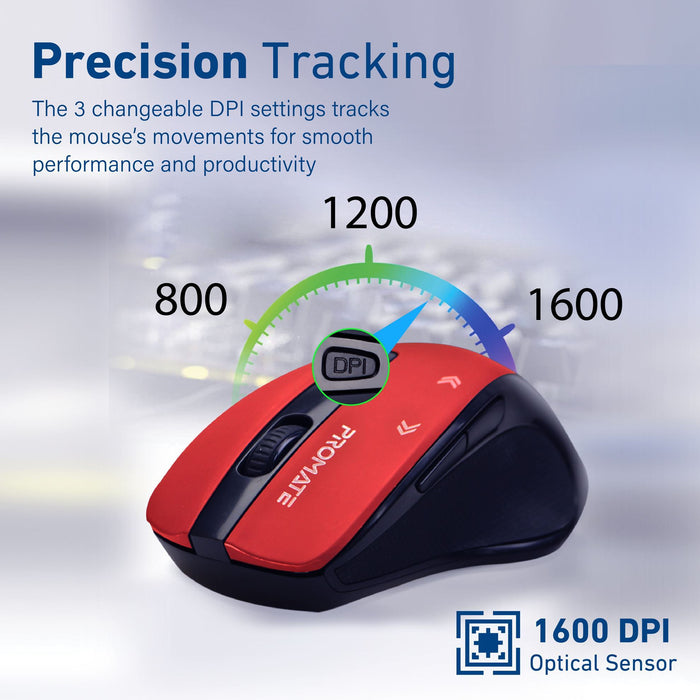 Promate EZGrip Ergonomic Wireless Mouse, Quick Forward/Back Buttons, Red CDCURSOR.RED