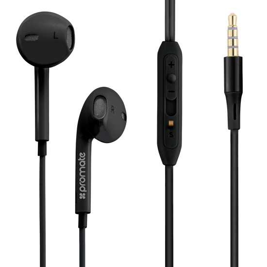 Promate Lightweight High-Performance Stereo Earbuds, In-Line Mic and Universal Volume Control, Black CDGEARPOD-IS2.BLK