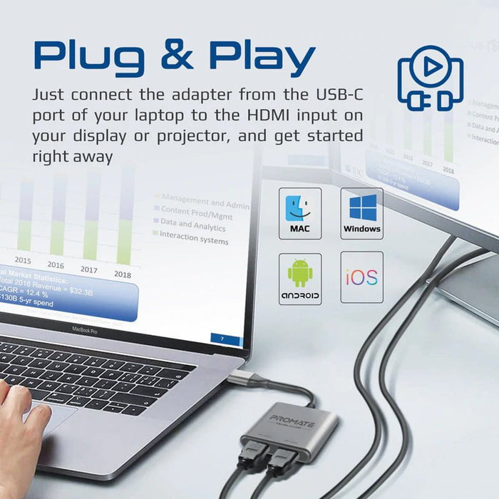 Promate MediaLink-H2 4K USB-C Connector to Dual HDMI Adapter. Compatible with All USB-C Output Devices Including Windows, iOS, & Android Grey CDMEDIALINK-H2