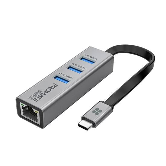 Promate Multi-Port Hub, Ethernet Port, USB-C Connector, 3x USB-A 3.0 Ports, 1000Mbps Ethernet, 5Gbps Transfer Speed, Plug & Play, Mac & PC, Grey CDGIGAHUB-C.GRY