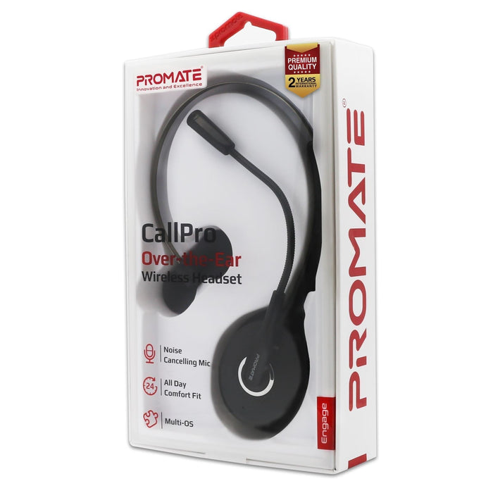 Promate Over-Ear Mono Bluetooth Headset, HD Voice Clarity, Noise-Cancelling Mic, All Day Ergonomic Comfort Fit, Built-in Controls, Up to 14 Hours Playback, Black CDENGAGE.BLK