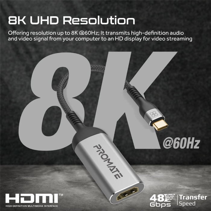 PROMATE USB-C to HDMI Adapter Supports up to 8K@60Hz HD Res. Sturdy Aluminium Casing, Easy Plug & Play, iOS/Win & Android Compatible. Grey/Black Colour. CDMEDIALINK-8K
