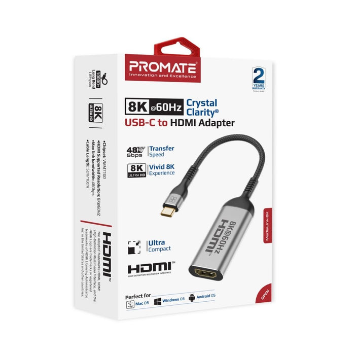 PROMATE USB-C to HDMI Adapter Supports up to 8K@60Hz HD Res. Sturdy Aluminium Casing, Easy Plug & Play, iOS/Win & Android Compatible. Grey/Black Colour. CDMEDIALINK-8K