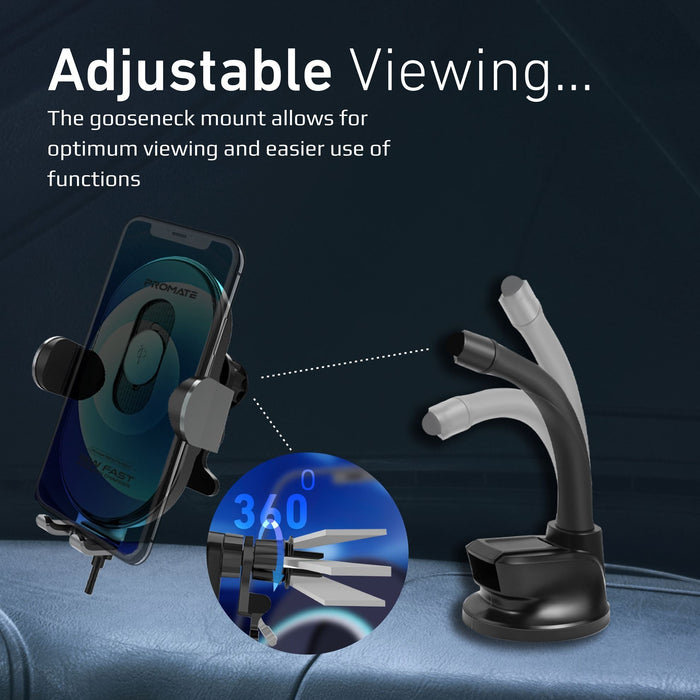 Promate Wireless Car Phone Charger, Automatic AC Clamping, 360 Rotation with Gooseneck Mount, Anti Slip, Overheat Protection, Case Friendly, Black CDPOWERMOUNT-15W
