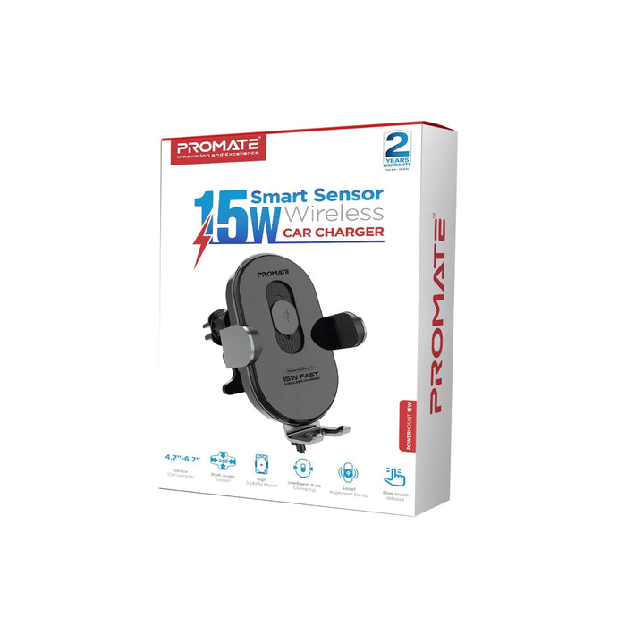 Promate Wireless Car Phone Charger, Automatic AC Clamping, 360 Rotation with Gooseneck Mount, Anti Slip, Overheat Protection, Case Friendly, Black CDPOWERMOUNT-15W