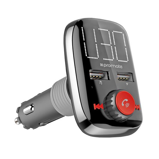 Promate Wireless In-Car FM Transmitter, Dual USB Charging Ports, Easy Plug & Play Handsfree, Playback via USB, SD Card & Bluetooth, Remote Control, Black CDSMARTUNE-3
