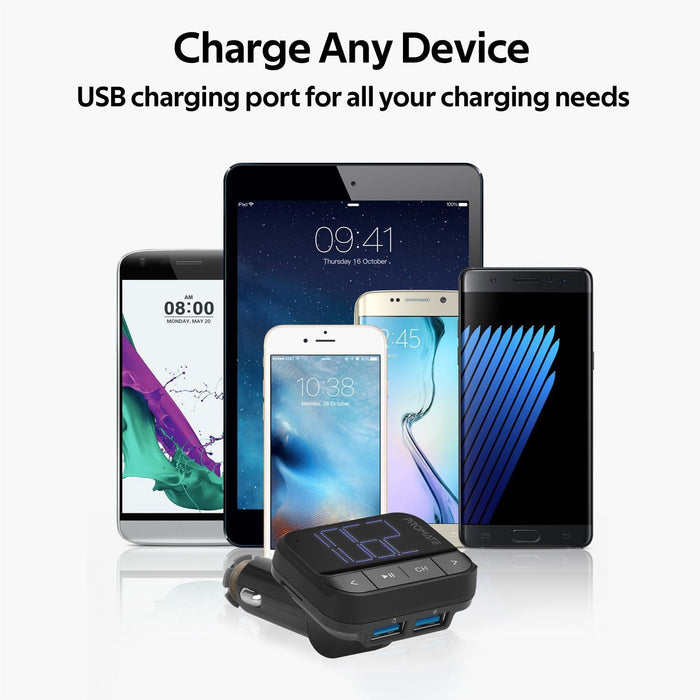 Promate Wireless In-Car FM Transmitter with Dual USB-A ports, Supports Handsfree, Playback from USB, MicroSD, Flash Drive, Black CDEZFM-2