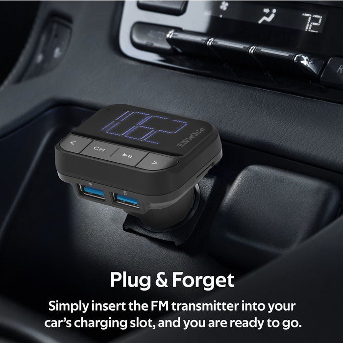 Promate Wireless In-Car FM Transmitter with Dual USB-A ports, Supports Handsfree, Playback from USB, MicroSD, Flash Drive, Black CDEZFM-2