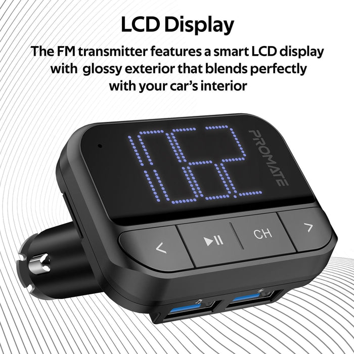 Promate Wireless In-Car FM Transmitter with Dual USB-A ports, Supports Handsfree, Playback from USB, MicroSD, Flash Drive, Black CDEZFM-2