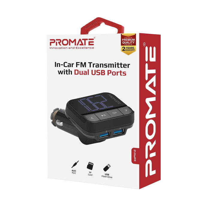 Promate Wireless In-Car FM Transmitter with Dual USB-A ports, Supports Handsfree, Playback from USB, MicroSD, Flash Drive, Black CDEZFM-2