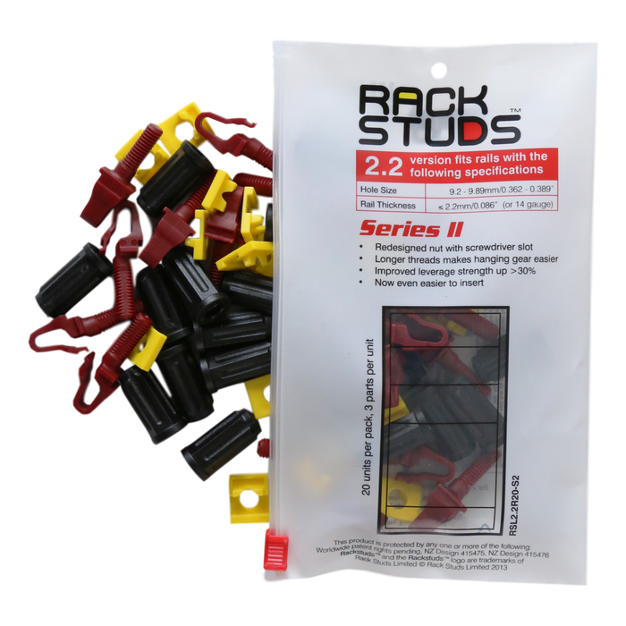 RACKSTUDS Series II 20-pack Maroon Smart Rack Mounting System. Universal Replacement for Cage Nuts Used to Mount IT, Pro A/V, Security & Teleco Equipment in 19". Designed For Rails 2.2mm Thick. CDRSL220