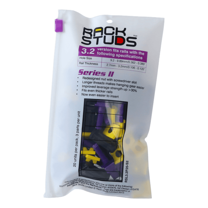 RACKSTUDS Series II 20-pack Purple Smart Rack Mounting System. Universal Replacement for Cage Nuts Used to Mount IT, Pro A/V, Security & Teleco Equipment in 19". Designed For Rails 2.7-3.2mm Thick. CDRSL220P