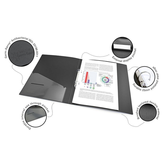 Rapesco Germ-Savvy Antibacterial A4 PP Ring Binder 2/35 Black CX999009