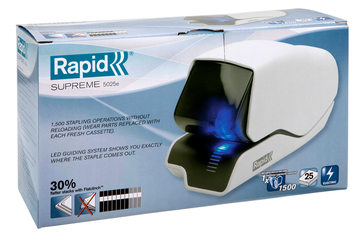 Rapid 5025E Electric Stapler, Flat Clinch, 25 Shee, LED Light, White/Black AO25095210
