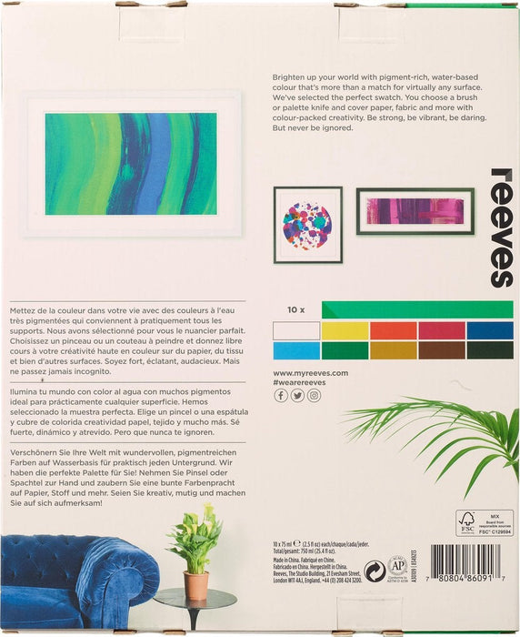 Reeves Acrylic Paint Set, 10 x 75ml Paints, Assorted Colours JA0318290