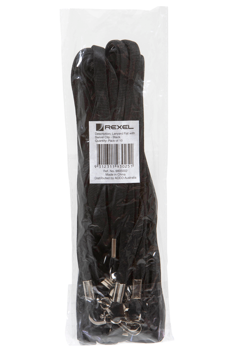 Rexel ID Flat Style Lanyards with Swivel Clip, 10 Pack, Black AO9805002