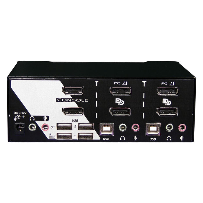 REXTRON 2 Port Dual DisplayPort USB KVM Switch with Audio. Dual DisplayPort Max res. 4K60Hz. USB console. Front panel computer selection. CDPADG-122