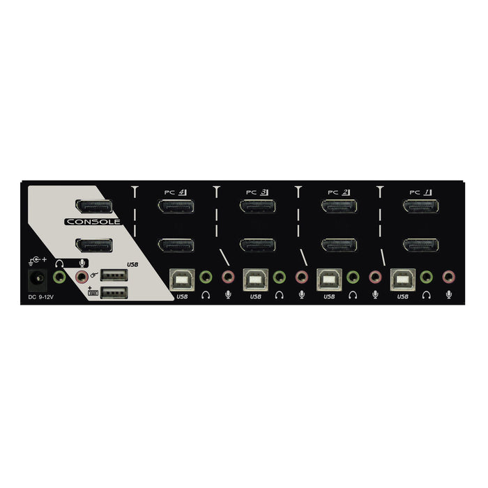 REXTRON 4 Port Dual DisplayPort USB KVM Switch with Audio. Dual DisplayPort Max res. 4K60Hz. USB Console. Front Panel Computer Selection. CDPADG-124A