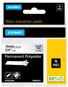 Rhino Permanent Polyester (PET) Tape 19mm Black On Clear (622290) DSDY622290